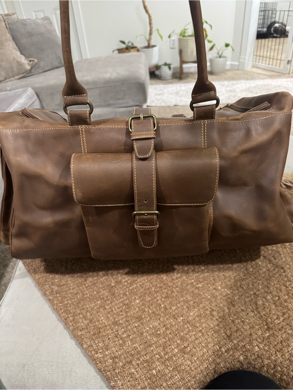 Men's Brown Leather Duffel Bag with Front Buckle Pocket